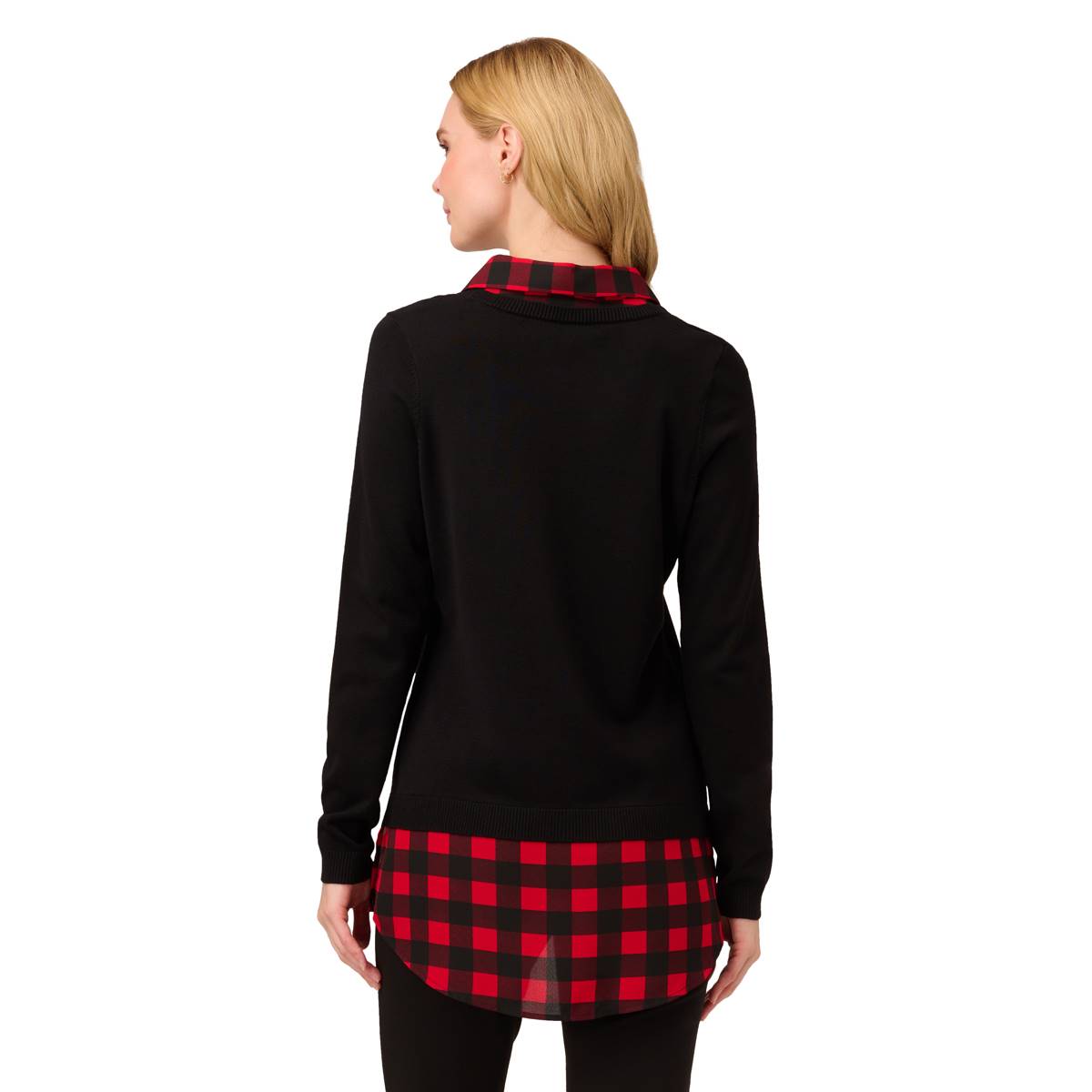 Womens Adrianna Papell Crew Neck 2Fer Windowpane Sweater-RED