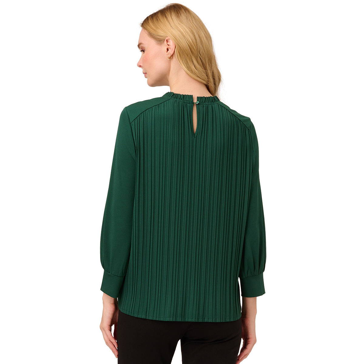 Womens Adrianne Papell Pleated Ruffle Neck Trim Blouse