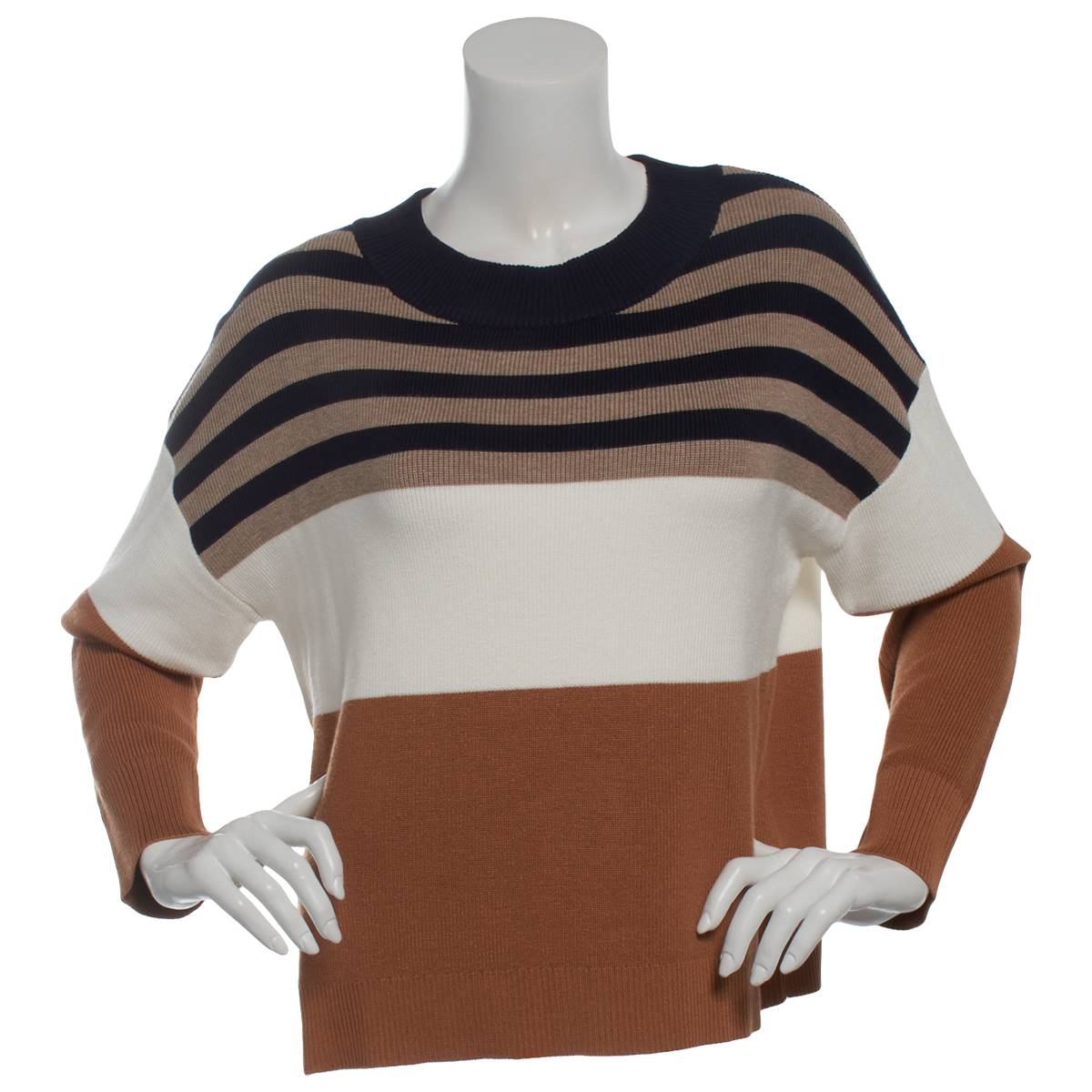 Womens Adrianna Papell Long Sleeve Round Neck Color Block Sweater