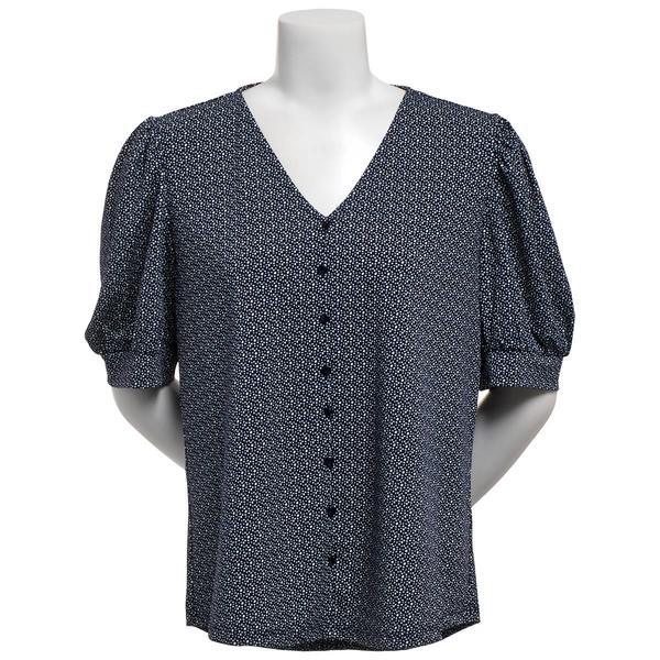 Womens Adrianna Papell Short Puff Sleeve Dot V-Neck Blouse