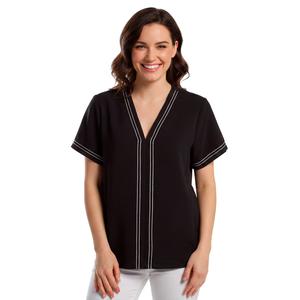 Womens Adrianna Papell Short Sleeve Contrast Topstitching Blouse