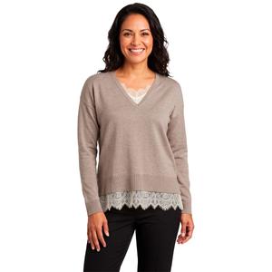 Womens Adrianna Papell Long Sleeve V-Neck Lace Trim Sweater