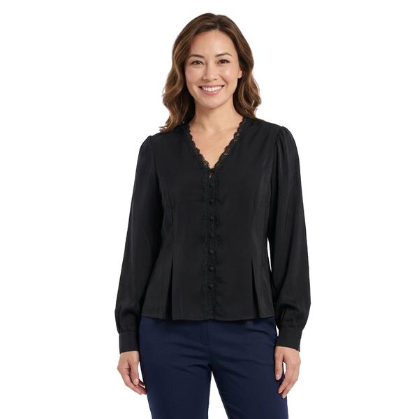 Womens Adrianna Papell Long Sleeve V-Neck Lace Trim Silk Blouse