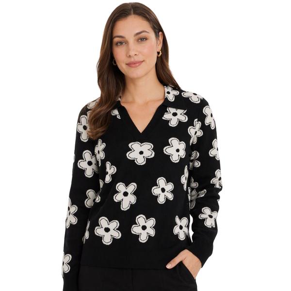 Womens Adrianna Papell Long Sleeve Split Neck Floral Sweater