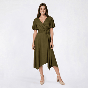 Womens Perceptions Short Sleeve Twist Front Crepe Midi Dress alternate view