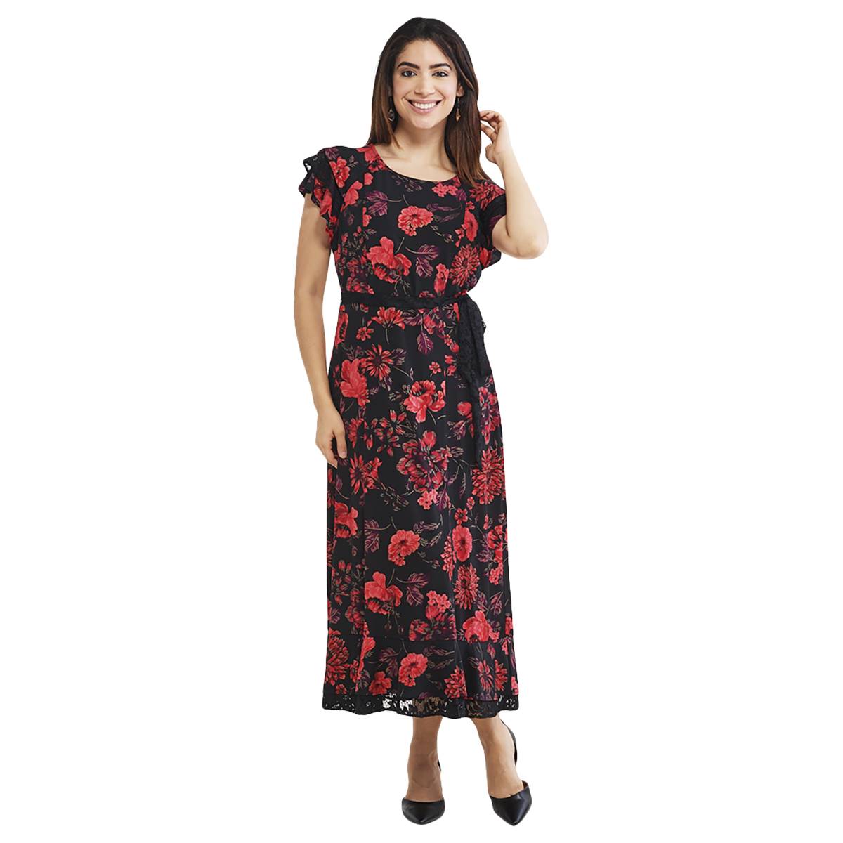 Womens Perceptions Short Sleeve Double Ruffle Floral Midi Dress