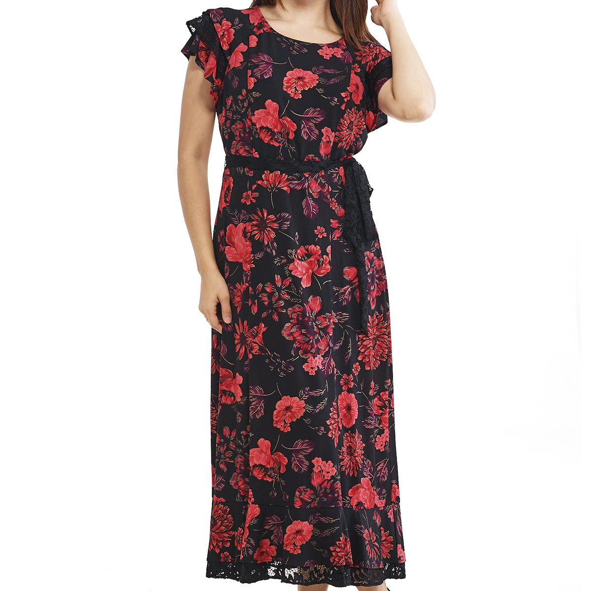 Womens Perceptions Short Sleeve Double Ruffle Floral Midi Dress