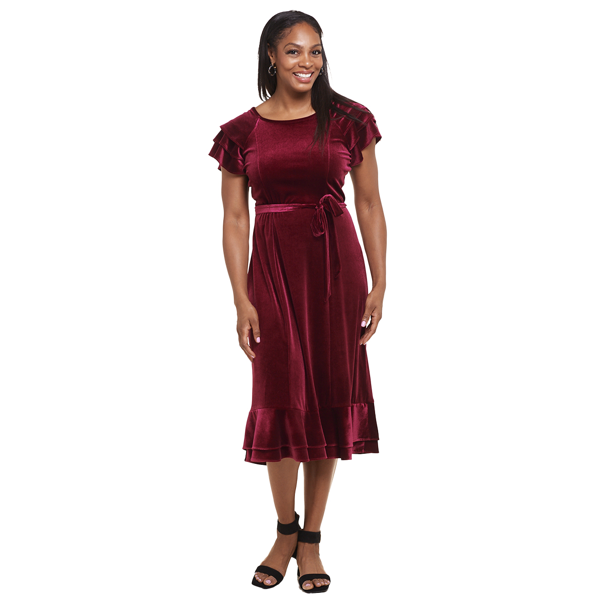 Petites Perceptions Double Ruffle Sleeve Velvet Midi Dress