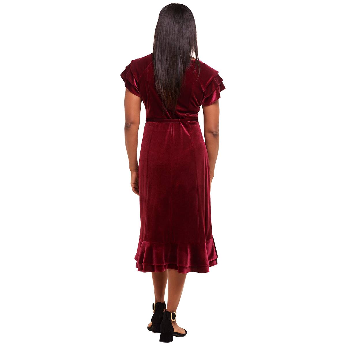 Petites Perceptions Double Ruffle Sleeve Velvet Midi Dress