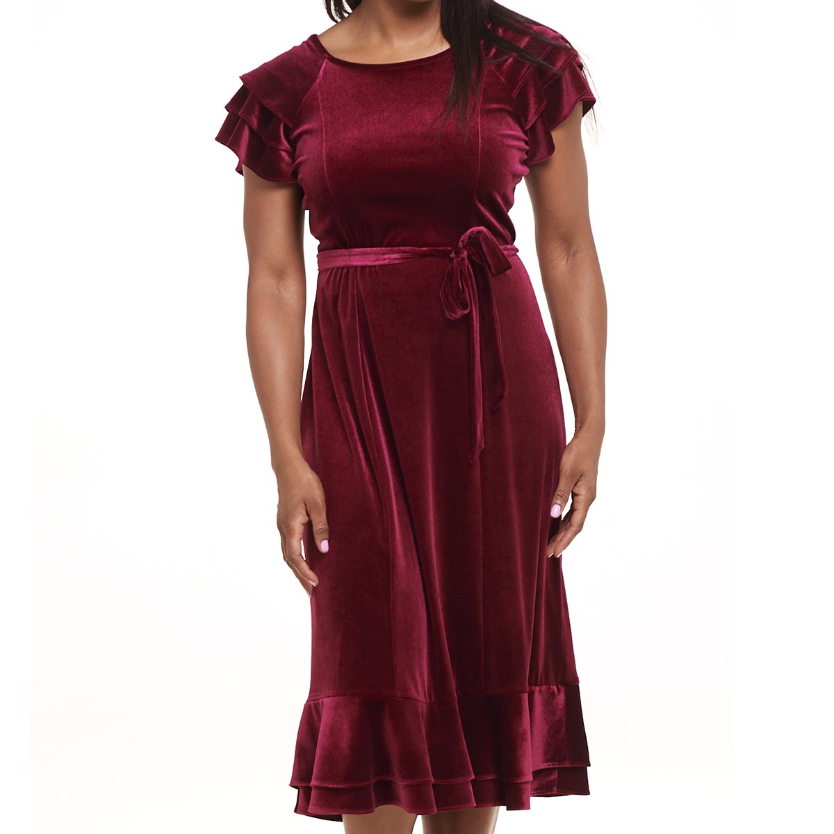 Petites Perceptions Double Ruffle Sleeve Velvet Midi Dress