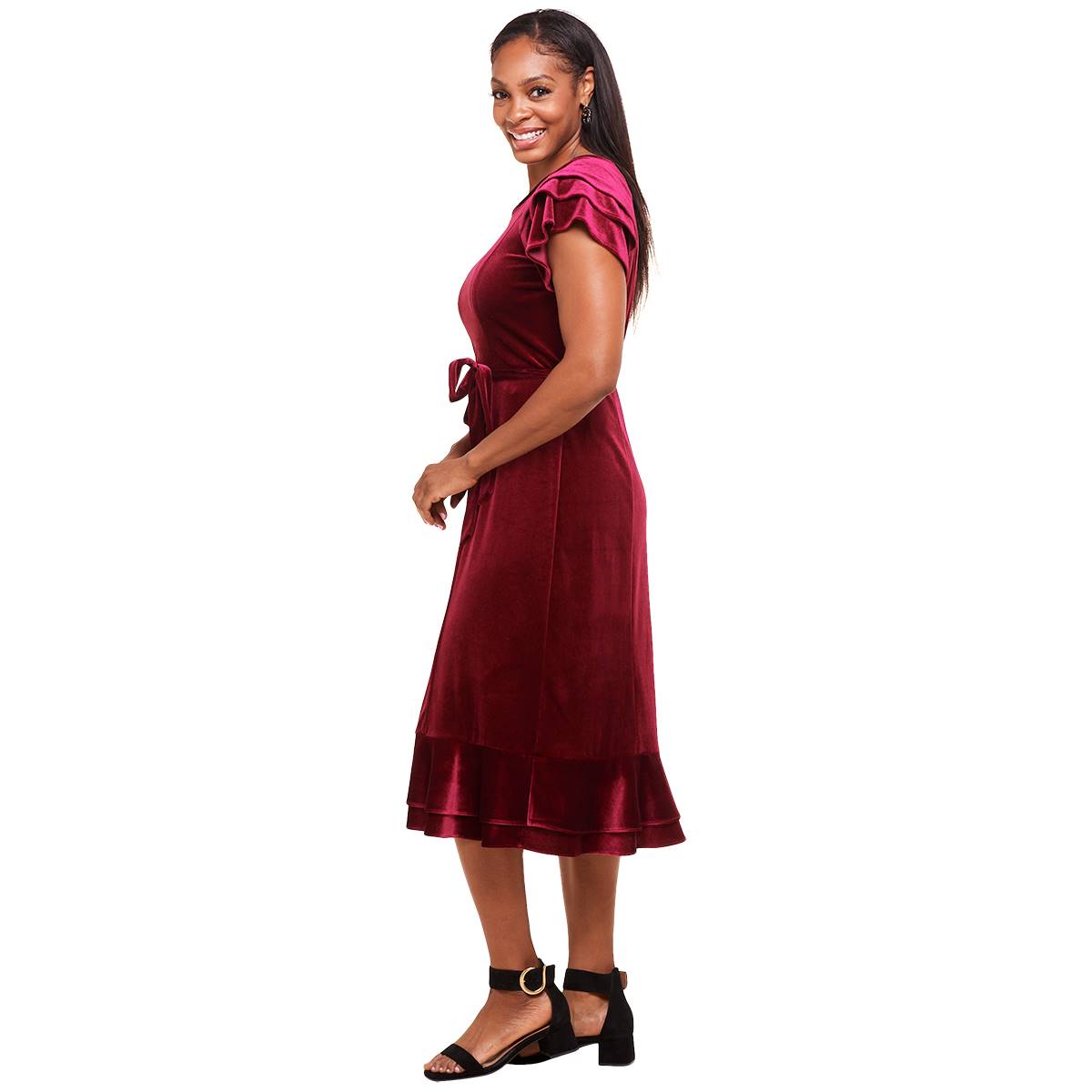 Petites Perceptions Double Ruffle Sleeve Velvet Midi Dress