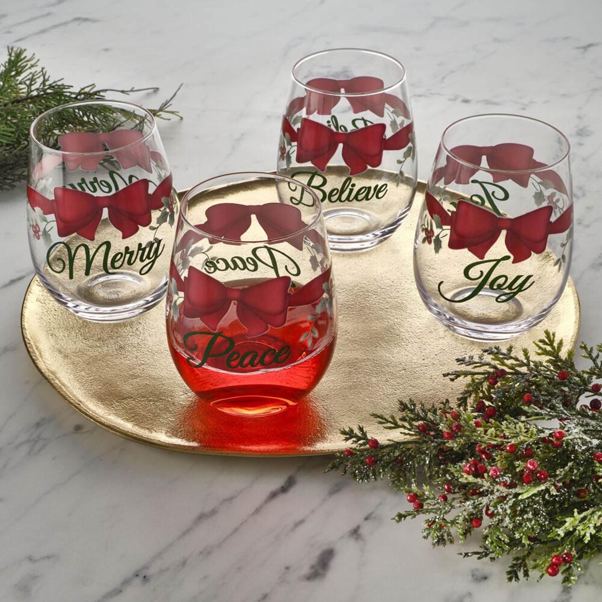 Pfaltzgraff(R) Berry Red Ribbon Stemless Wine Glasses - Set Of 4