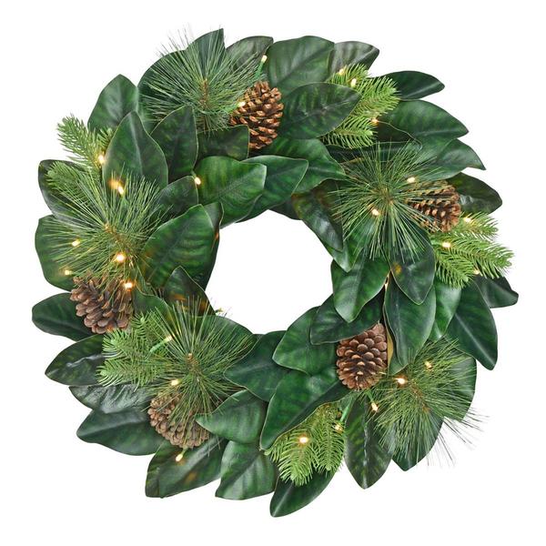 Puleo International 24in. Pre-Lit Magnolia Artificial Wreath
