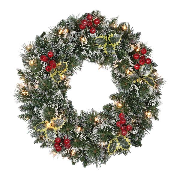 Puleo International 24in. Pre-Lit Snowy Silverton Pine Wreath