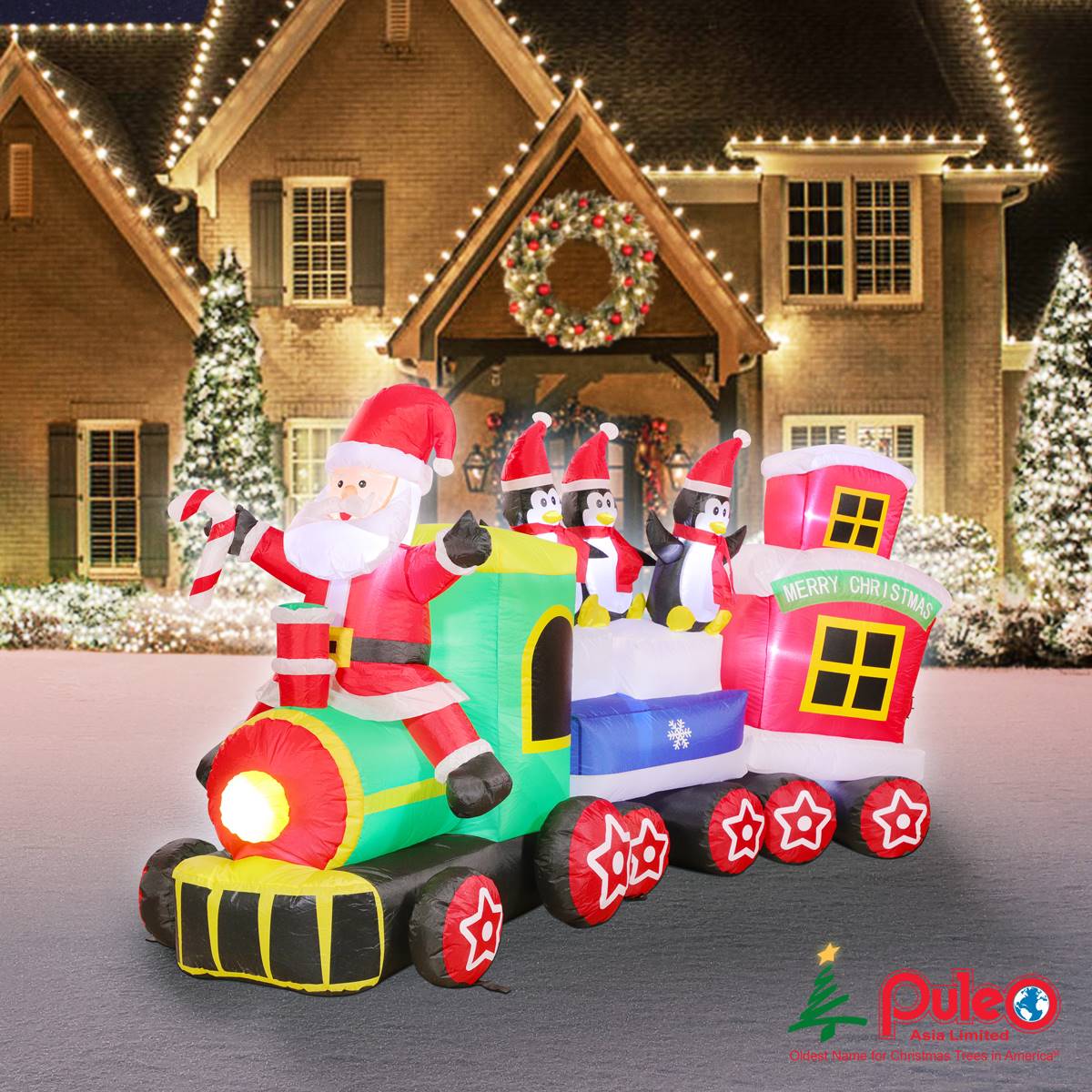 Puleo International 7ft. Lighted Blow-Up Inflatable Santa Train