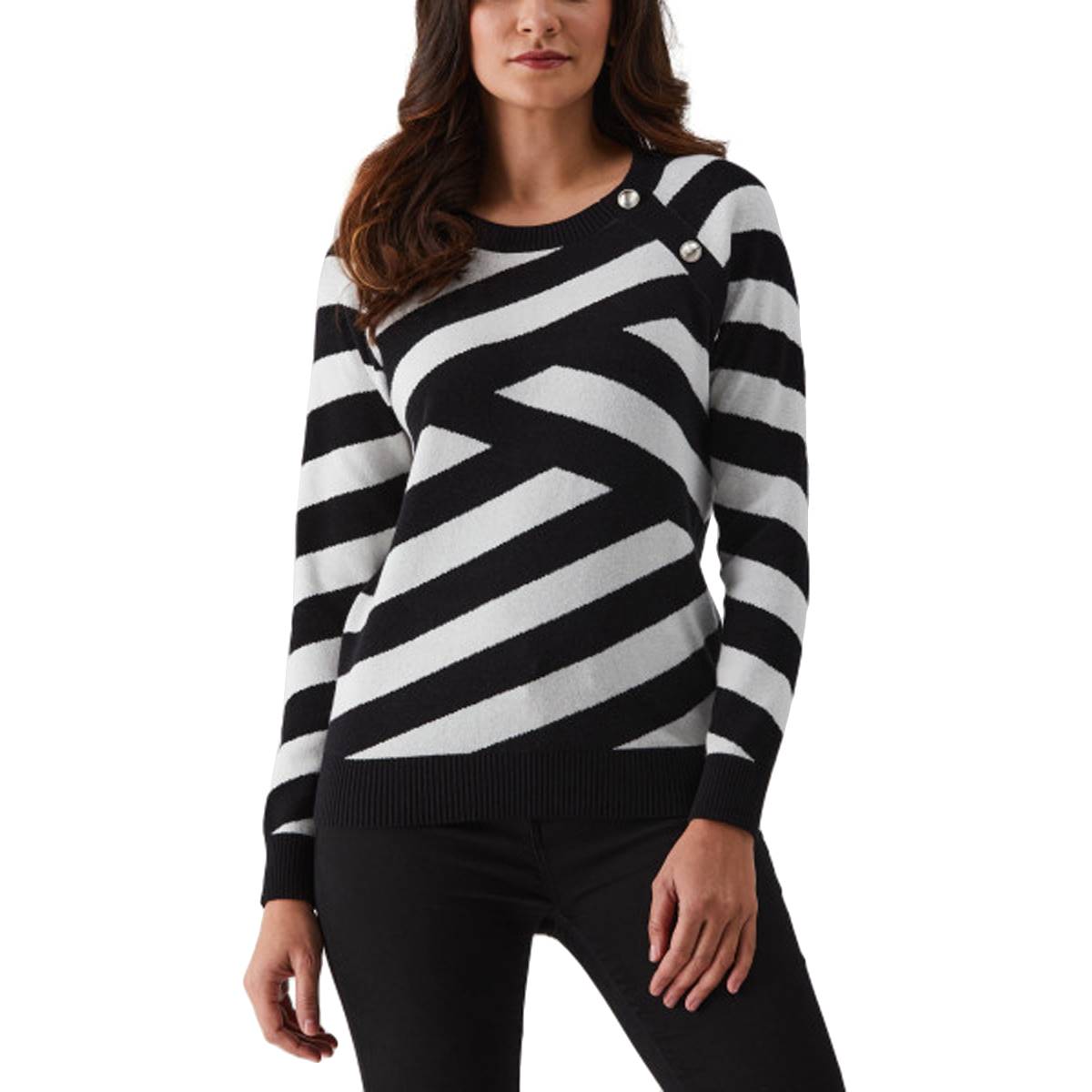 Womens Ella Rafaella(R) Geometric Button Trim Long Sleeve Sweater