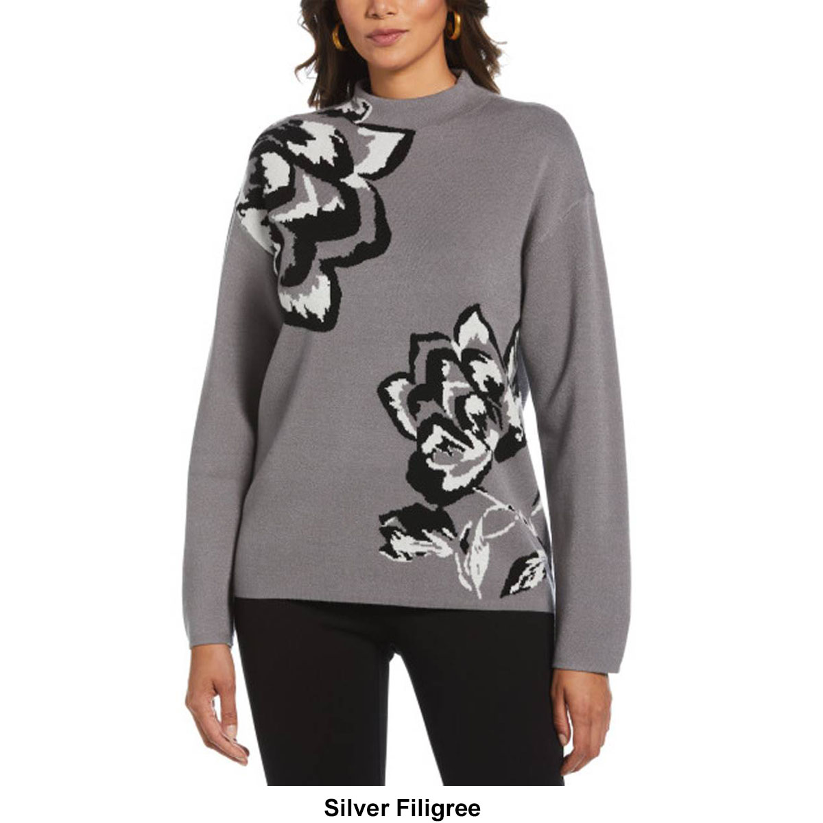 Petite Rafaella(R) Long Sleeve Floral Jacquard Sweater