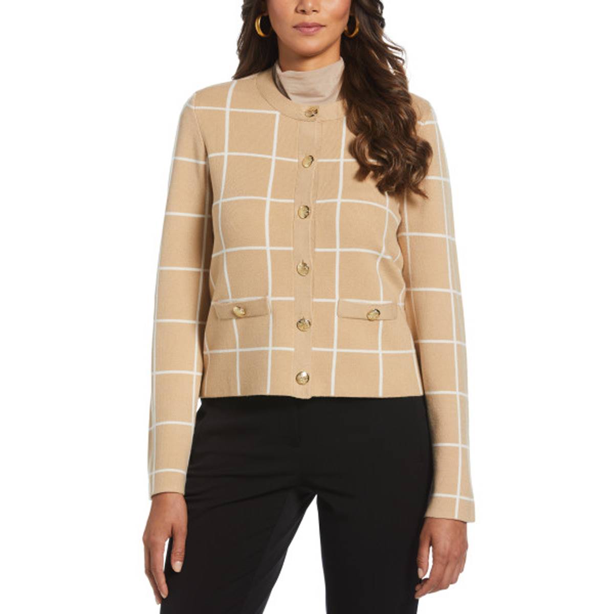 Womens Rafaella(R) Long Sleeve Window Pane Plaid Jacquard Cardigan