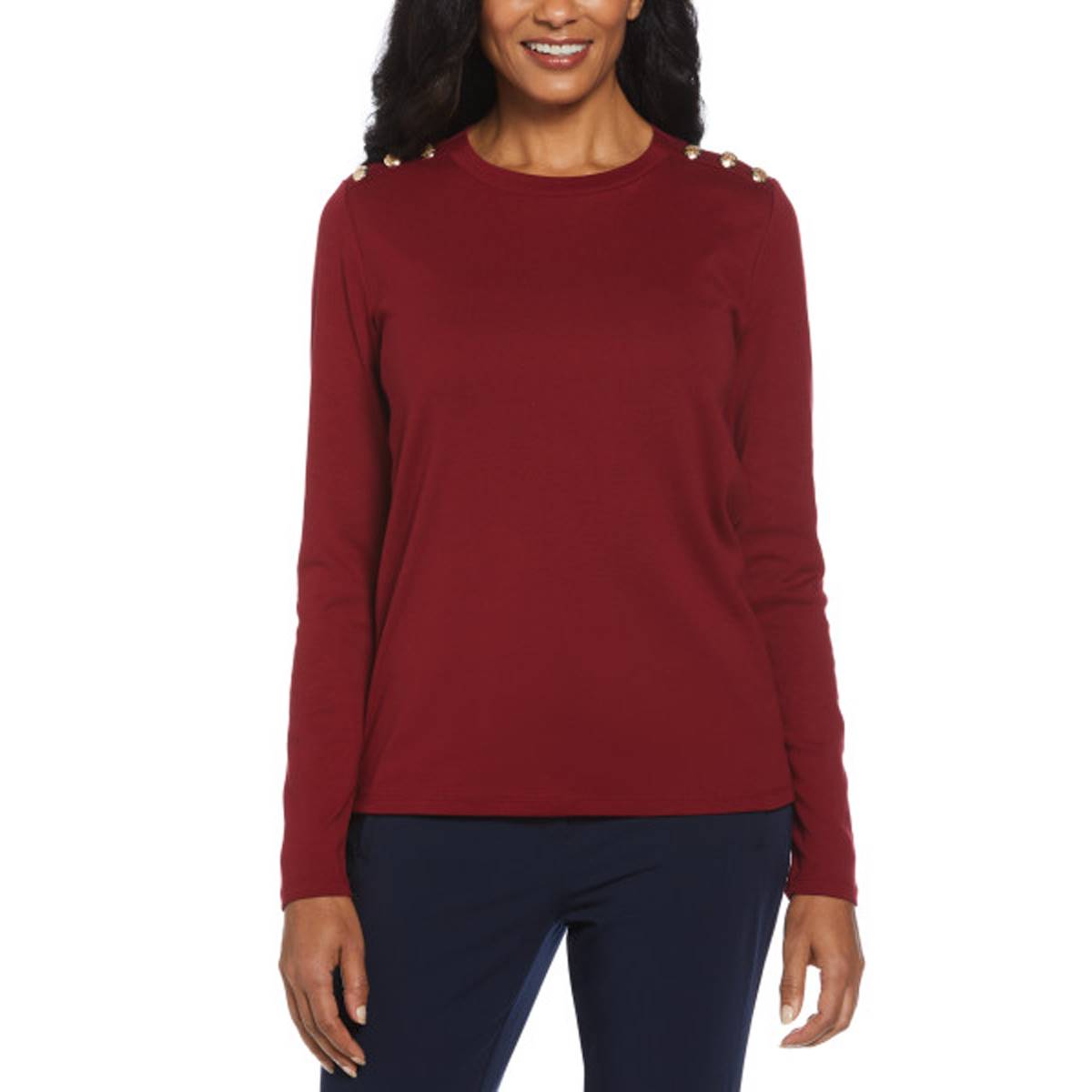 Petite Rafaella(R) Long Sleeve Button Shoulder Solid Tee