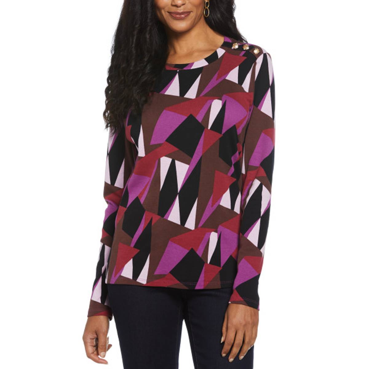 Womens Rafaella(R) Long Sleeve Button Shoulder Geometric Tee