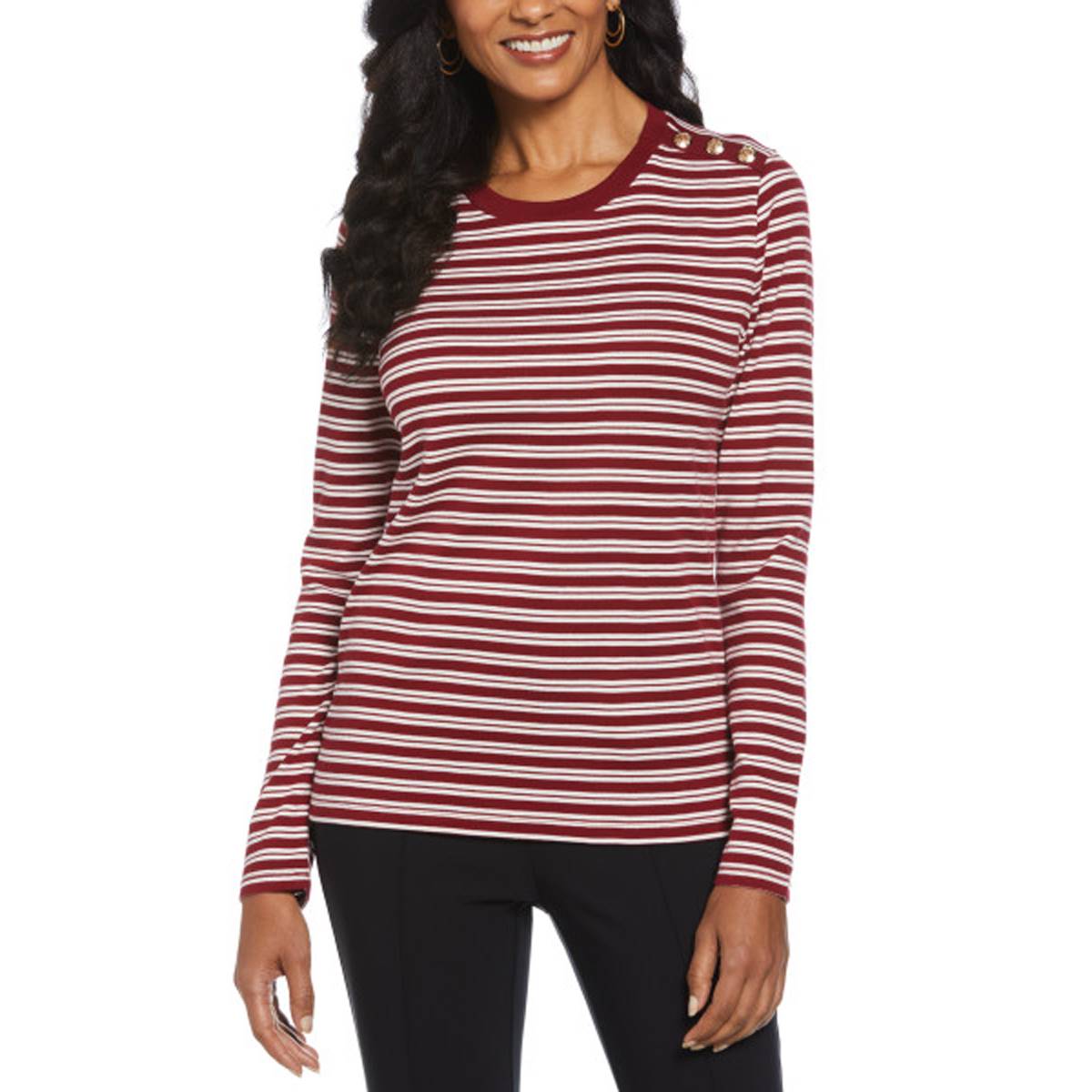 Womens Rafaella(R) Long Sleeve Striped Button Shoulder Tee