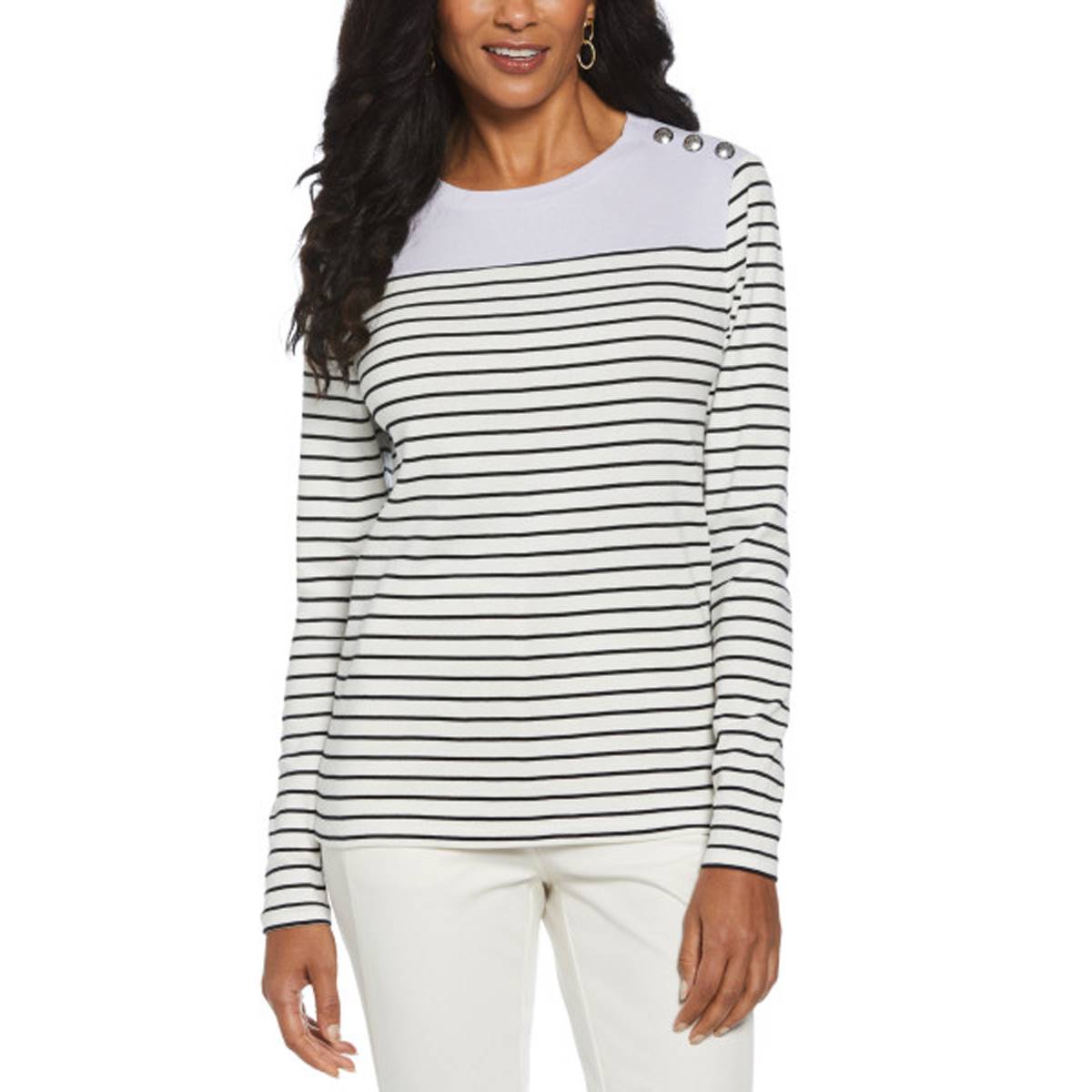 Womens Rafaella(R) Long Sleeve Stripe Button Shoulder Tee