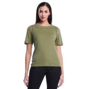 Womens Rafaella(R) Short Sleeve Solid Pom Trim Blouse