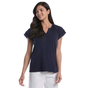 Womens Rafaella(R) Flutter Sleeve Pom Detail Solid Blouse