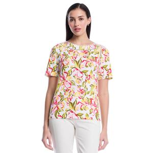 Petite Rafaella(R) Short Sleeve Petal Dance Pom Trim Blouse