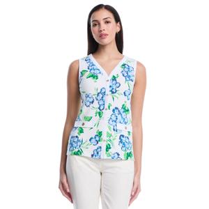 Womens Rafaella(R) Sleeveless Pom Pom Floral Button Front Blouse
