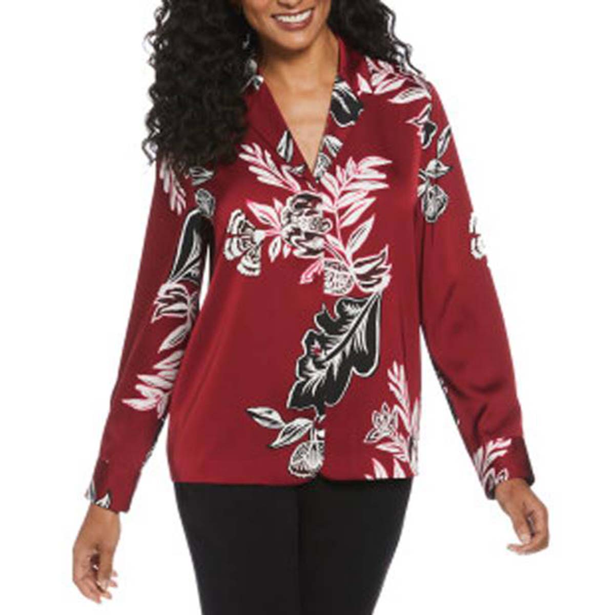 Womens Rafaella(R) Long Sleeve Floral Shine Satin Blouse