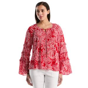 Womens Rafaella(R) Long Bell Sleeve Paisley Tie Neck Blouse