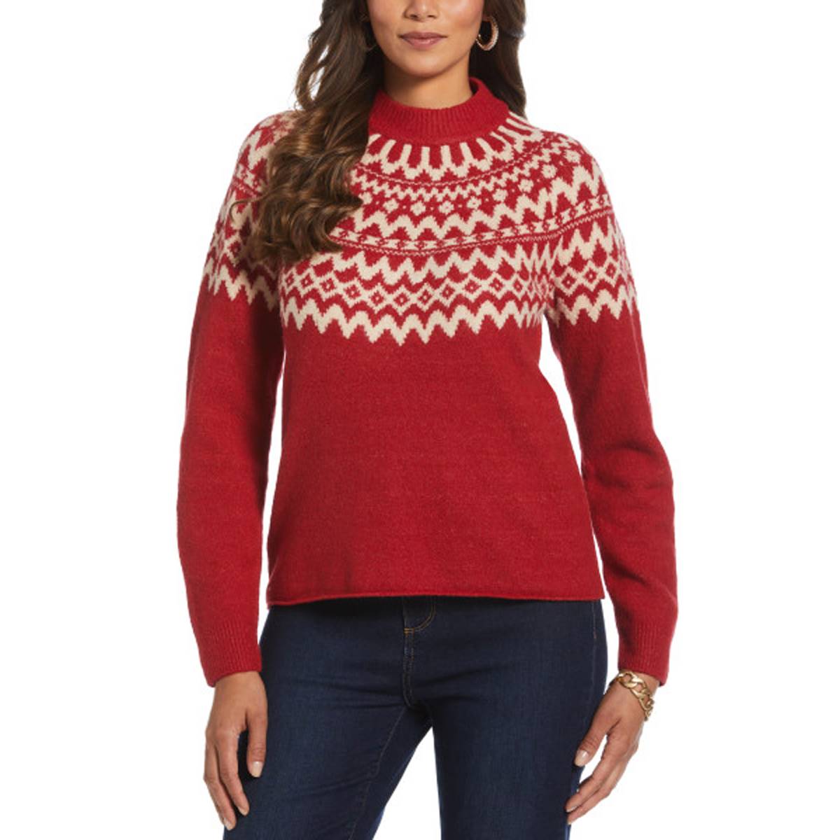 Womens Rafaella(R) Long Sleeve Fair Isle Yoke Mock Neck Sweater