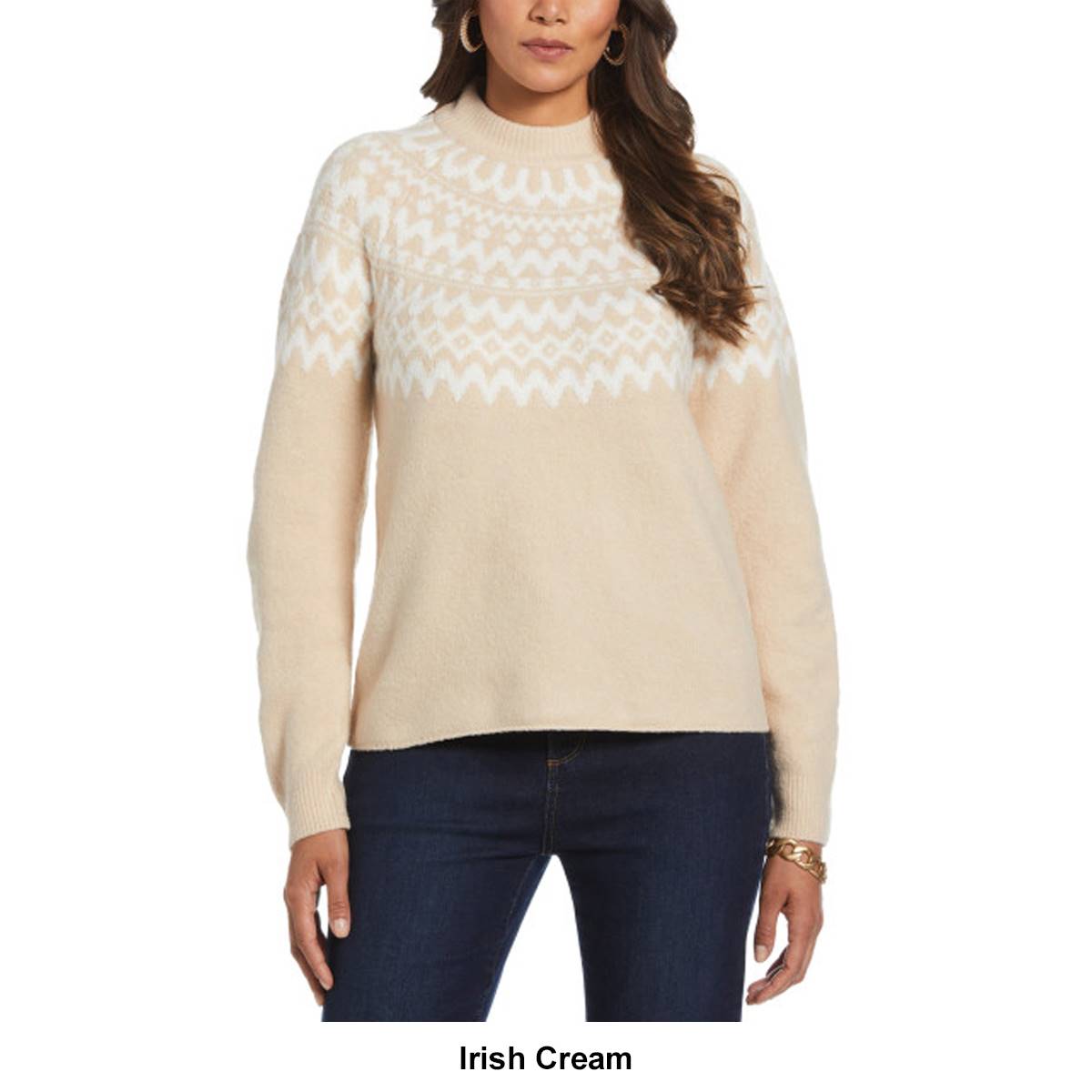 Womens Rafaella(R) Long Sleeve Fair Isle Yoke Mock Neck Sweater