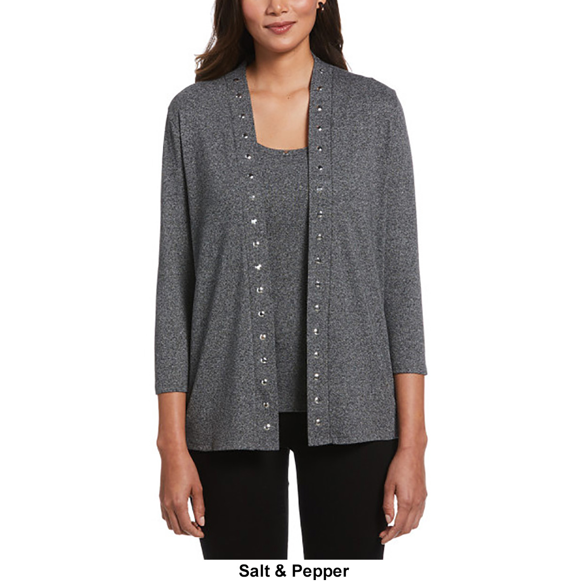 Petite Rafaella(R) 3/4 Sleeve Jewel Heat Set Trim Cardigan