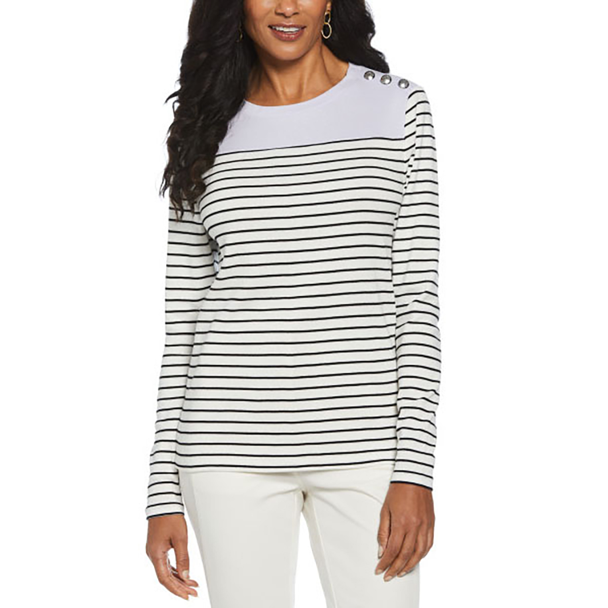 Petites Rafaella(R) Long Sleeve Stripe Button Shoulder Tee