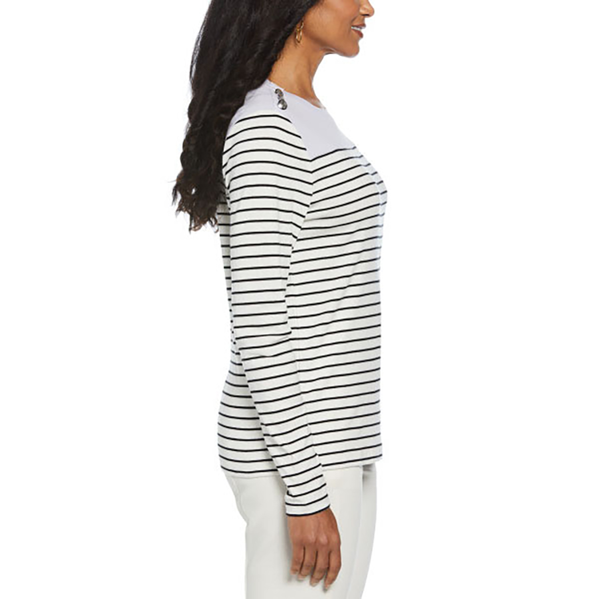 Womens Rafaella(R) Long Sleeve Stripe Button Shoulder Tee