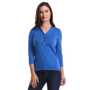 Womens Rafaella® 3/4 Puff Sleeve V Neck Solid Tee