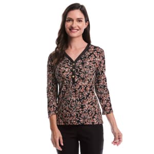 Womens Rafaella® 3/4 Puff Sleeve V Neck Savannah Floral Blouse