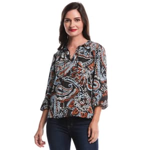 Womens Rafaella® 3/4 Ruffle Puff Sleeve Paisley Blouse