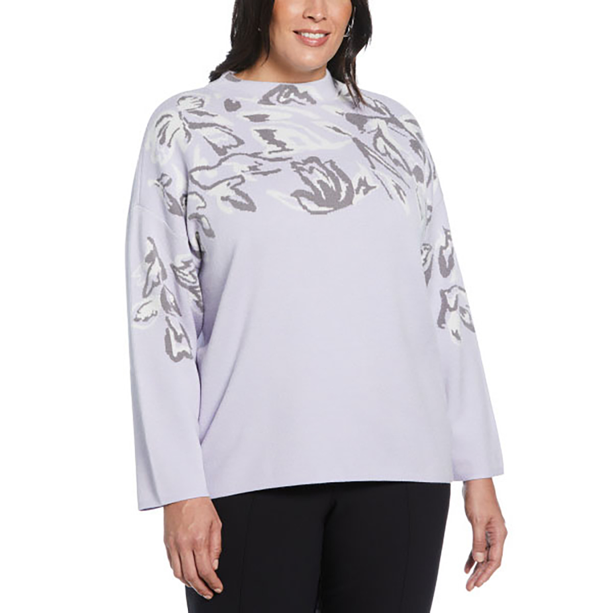 Plus Size Rafaella(R) Long Sleeve Mock Neck Floral Yoke Sweater