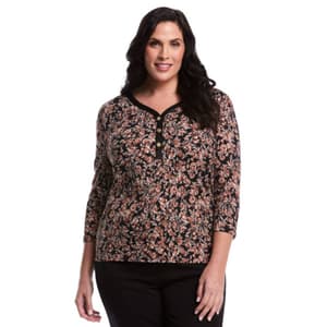 Plus Size Rafaella® 3/4 Puff Sleeve V Neck Savannah Floral Blouse