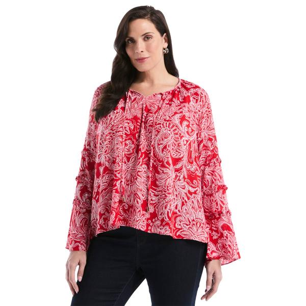 Plus Size Rafaella(R) Long Bell Sleeve Paisley Tie Neck Blouse
