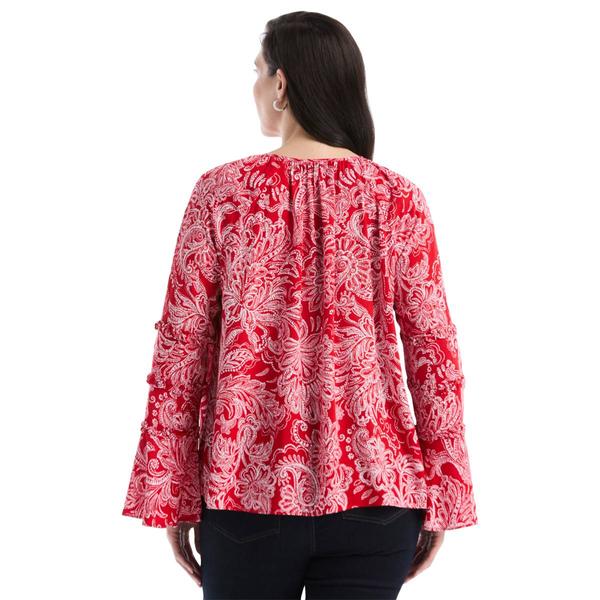 Plus Size Rafaella(R) Long Bell Sleeve Paisley Tie Neck Blouse alternate view