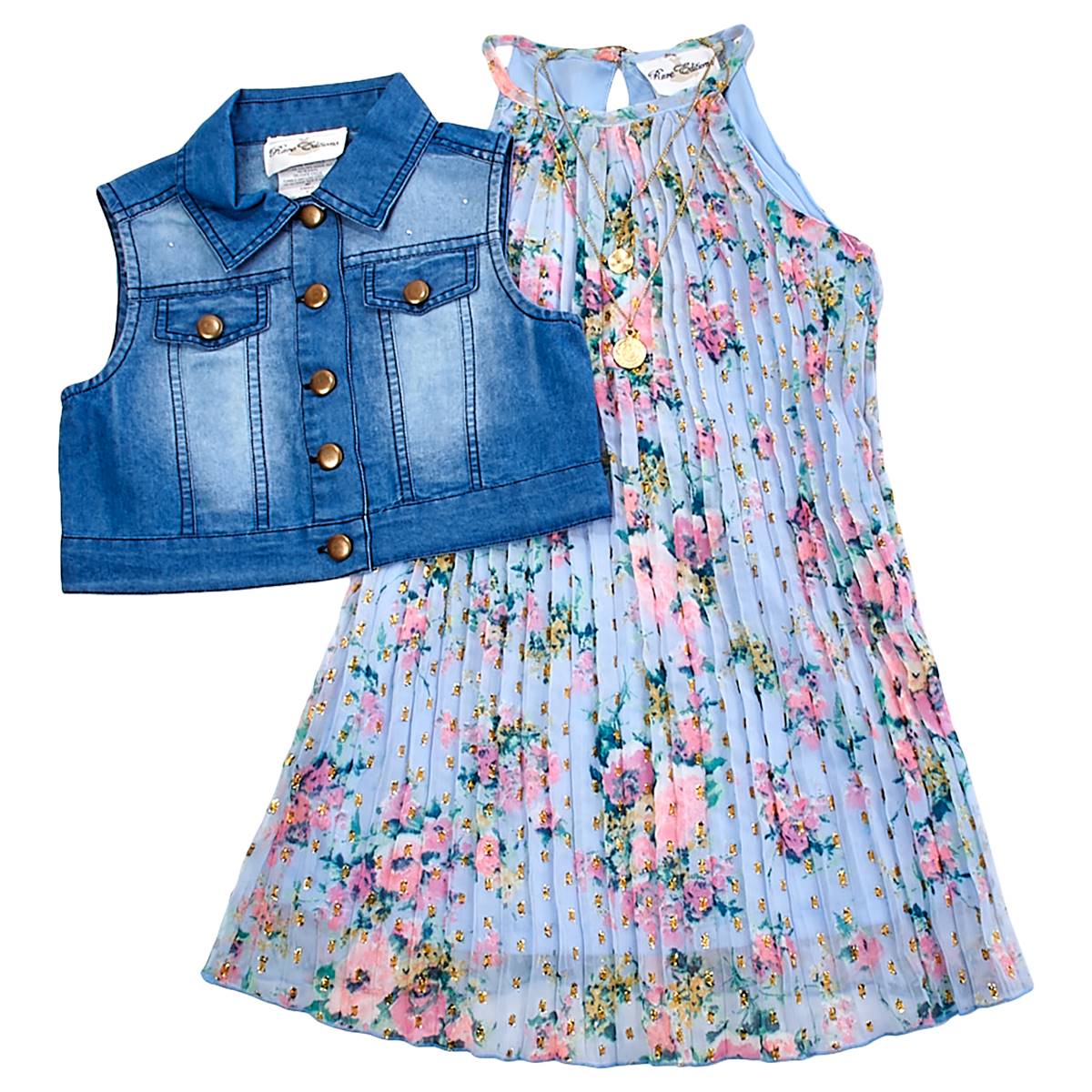 Girls (4-6x) Rare Editions 3pc. Floral Chiffon W/Denim Vest Dress