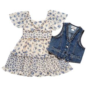Girls (4-6x) Rare Editions Floral Tiered Dress w/ Denim Vest