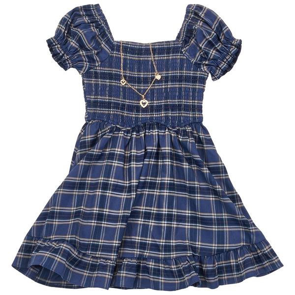 Girls (7-16) Rare Editions Plaid Smocked Dress w/ Necklace alternate view