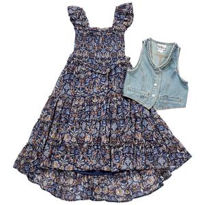 Girls (7-16) Rare Editions Lurex Chiffon Dress w/ Denim Vest alternate view