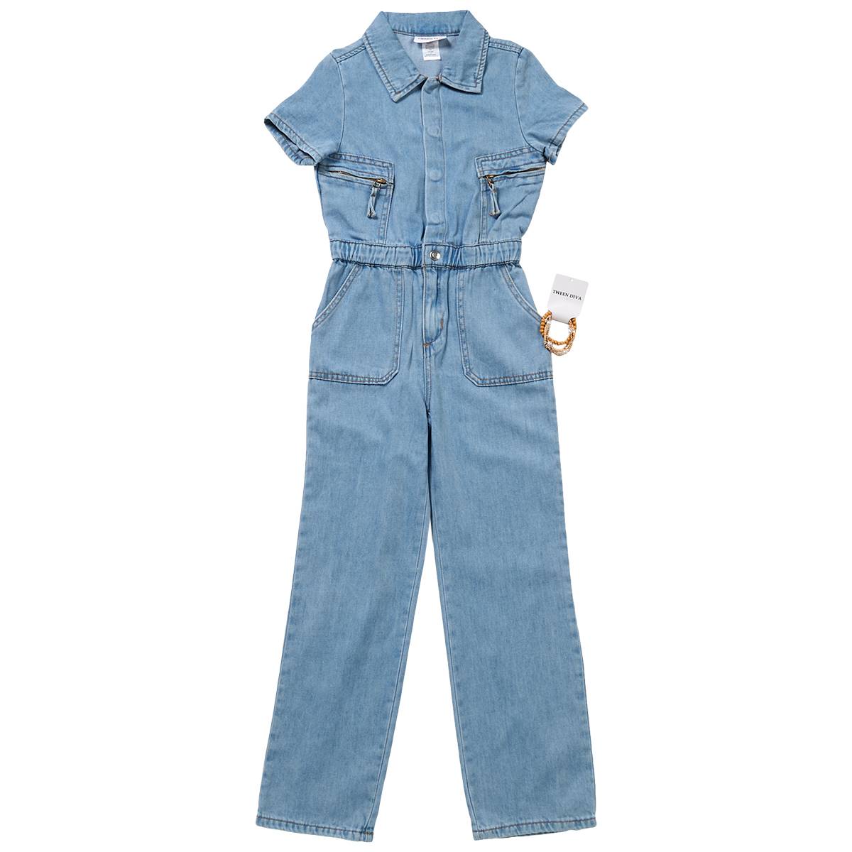 Girls (7-16) Tween Diva Short Sleeve Denim Utility Jumpsuit