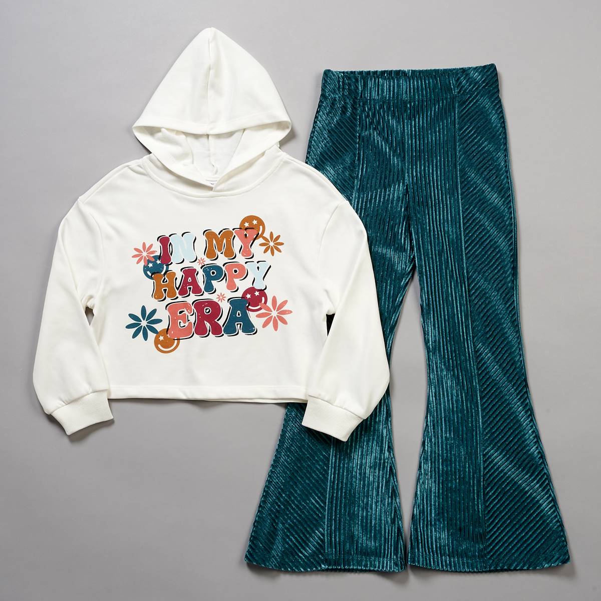 Girls (7-16) Tween Diva Happy Era Hoodie & Velvet Flare Pants